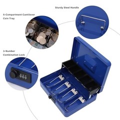 Metal Cash Box with Combination Lock, Money Tray, 4 Bill & 5 Coin Slots, Blue