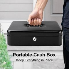 Cash Box with Key Lock – 0.7Mm Solid Steel, Auto-Pop Spill-Proof Foam Coin Tray,