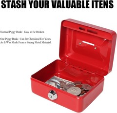 Compact Red Metal Cash Box with Key Lock – Safe Piggy Bank for Coins & Valuables