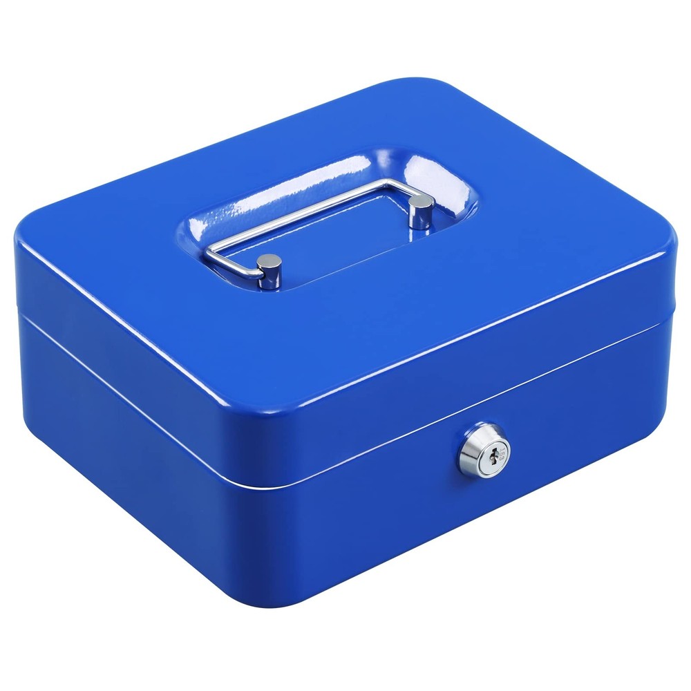 Locking Steel Medium Cash Box with Removable Coin Tray Key Lock Blue Color