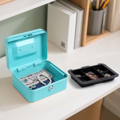 Portable Light Blue Cash Box with Key Lock for Cash and Medication Storage