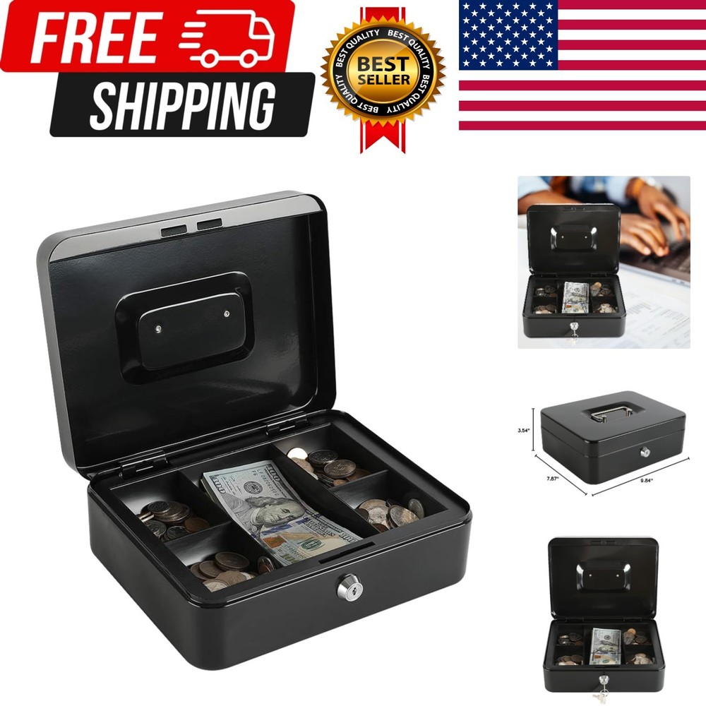 Locking Steel Large Cash Box with Removable Coin Tray and Key Lock,9.84&Prime;x 7.8…