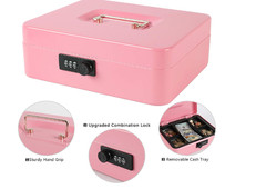 Steel Cash Box Safe w/ Combination Lock Coin Tray Large Pink Money Box