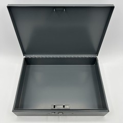 Vintage Metal Lit-Ning Cash Box Money Box Grey Removable Plastic Tray NO KEY