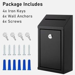 Metal Donation Box with Lock, Wall Mounted, Suggestion Box with 4 Iron Keys, Bla