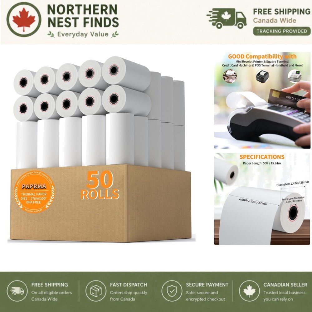 2 1/4 » x 50&prime; Thermal Paper Rolls – 50 Eco-Friendly Rolls for POS