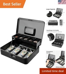 Secure Large Metal Cash Box with Combination Lock and Money Tray – Black