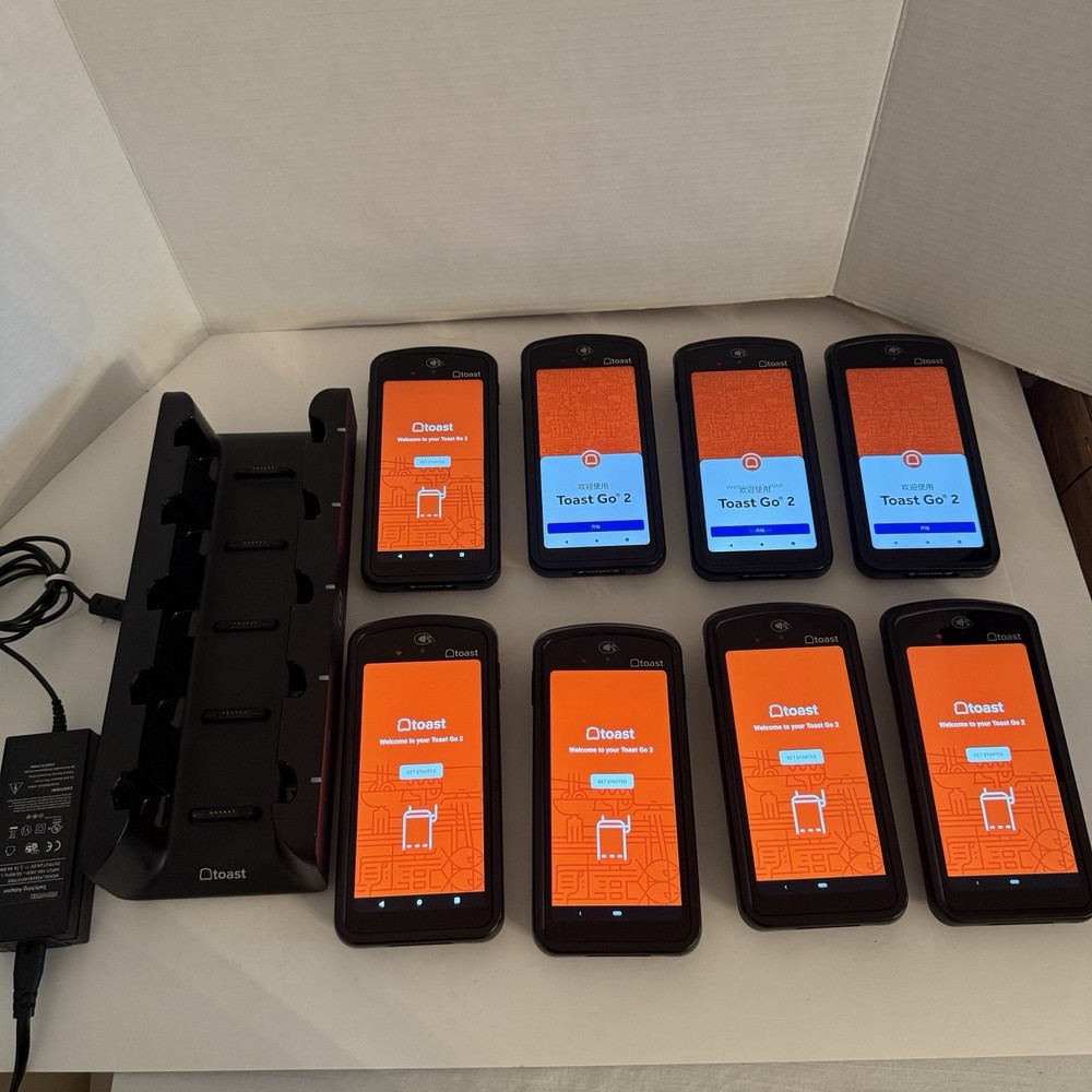 Lot of 8 Toast Go 2 Handheld POS Tablet TG200 Point of Sale DTC200 Charging Dock