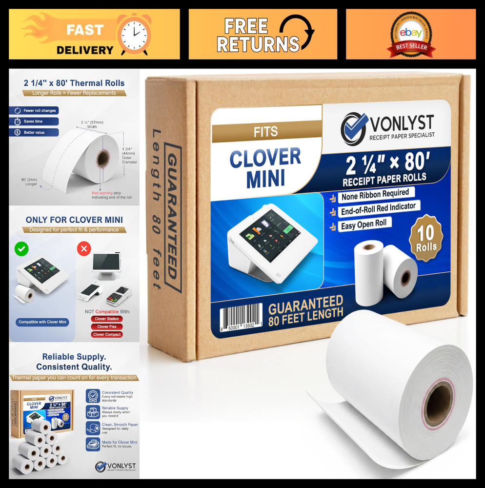 BPA Free Thermal Receipt Paper Rolls 2 1/4” x 80’ for POS, Credit Card Machines