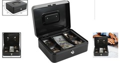 Stylish Black Cash Box with Key Lock & Five Compartment Coin Tray – 9.84&Prime;x7.87&Prime;