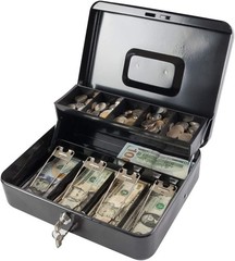 Durable Black Locking Cash Box with Key and Compartment Tray – 11.81” x 9.45”
