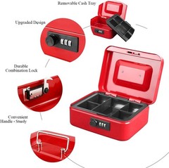 Medium Durable Metal Cash Box with Combination Lock & Tray – Red 7.87×6.3×3.35