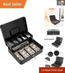 Heavy-Duty Metal Cash Box with Secure Key Lock and Money Tray – Black Elegance