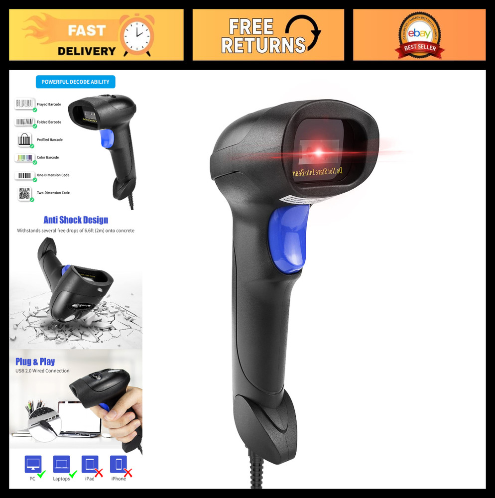 USB QR Barcode Scanner – Handheld Wired 1D 2D Reader for Inventory, Library & St