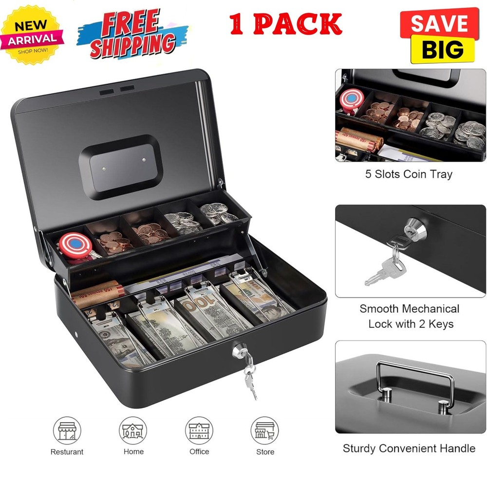 Black Large Secure Cash Box w/ Money Tray & Key Lock for Cash Register, Shop