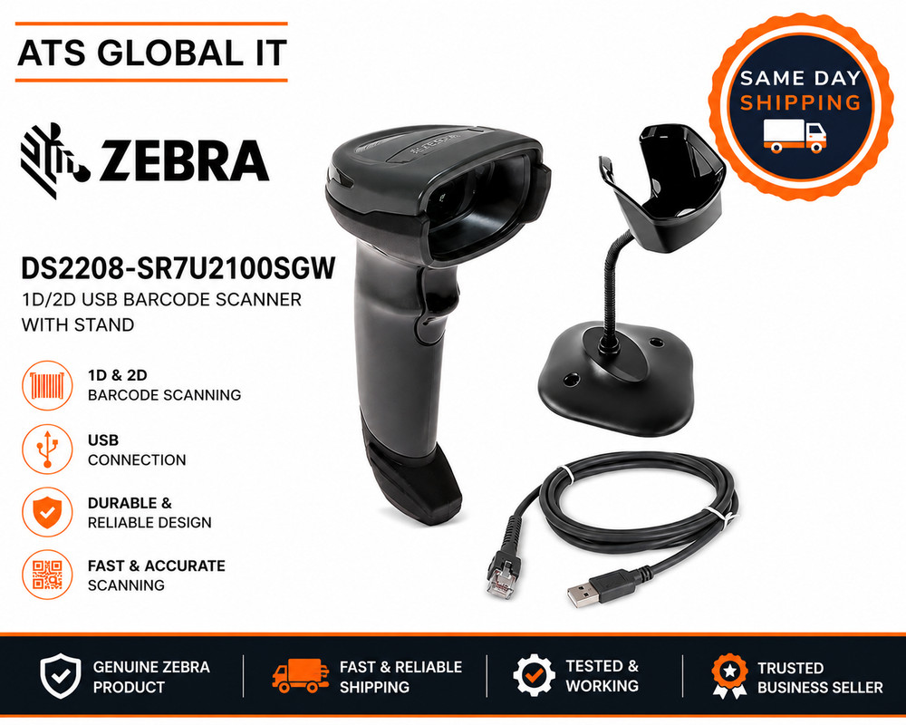 Zebra DS2208-SR7U2100SGW 1D/2D USB Barcode Scanner with Stand Black New