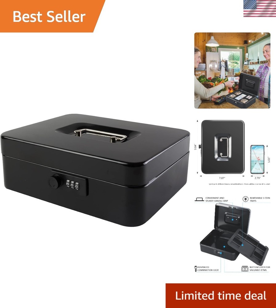 Large Portable Cash Box with Combination Lock & Removable Money Tray, Black