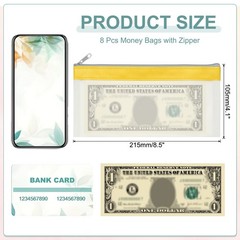 8.5×4 Inch Money Bags with Zipper, 8Pcs Clear Cash Pouch, Yellow