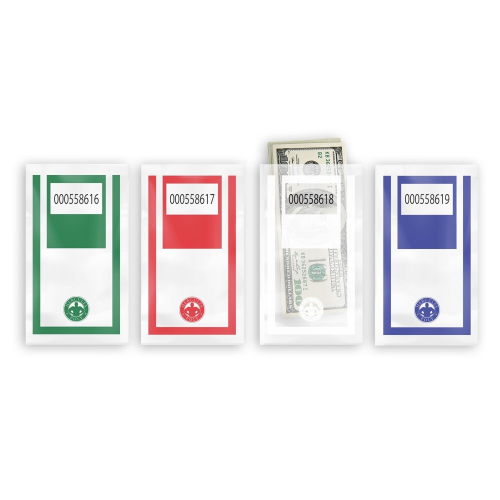 Cash Drop Bags – Clear Plastic Envelopes – 1,000/Case – Green, Red, White, Blue