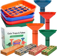 Coin Sorter Tray & Tube Set – 4 Trays + 4 Tubes + 100 Wrappers | Color-coded …