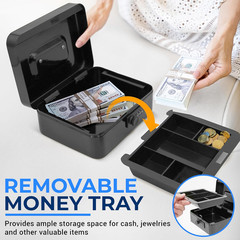 8&Prime; Metal Cash Box with Lock | Cash Safe Lock Box with Money Tray | 5 Lockable Dr