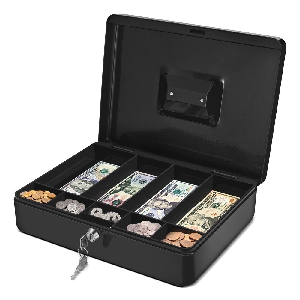 Metal Cash Box with Lock 9 Compartment Money Tray Portable Black