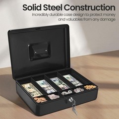 Metal Cash Box with Lock 9 Compartment Money Tray Portable Black