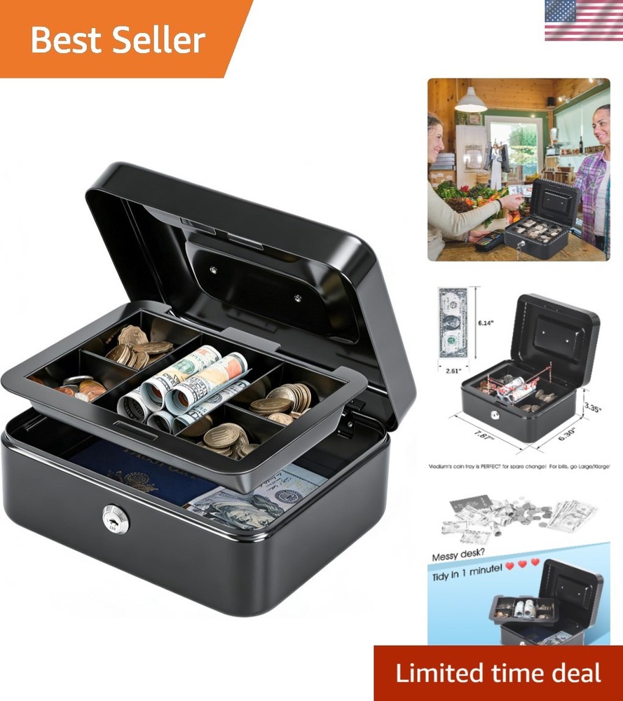 Secure Black Cash Box with Key Lock and Removable Tray for Easy Cash Management