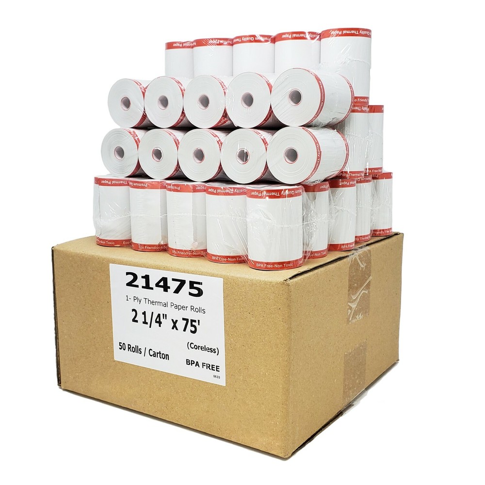 2-1/4&Prime; X 75&prime; THERMAL PAPER 50 ROLLS VERIFONE VX520 CORE LESS CREDIT CARD ROLLS