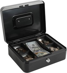 Stylish Black Cash Box with Key Lock & Five Compartment Coin Tray – 9.84&Prime;x7.87&Prime;