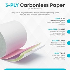 (32 Rolls) 3 Ply Kitchen Printer Paper White/Canary/Pink Carbonless Rolls 3” …