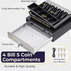 Compact 13&Prime; Black Cash Register Drawer – 4 Bill & 5 Coin Slots, Secure Lock