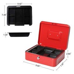 Red Large Cash Box with Money Tray Safe Key Lock 9.8 x 7.9 x 3.5 Inch