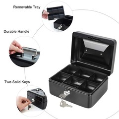 Cash Box with Money Tray, Parrency Small Key Lock, 6 x 4 /5 3, Black
