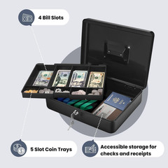 Cash Box with Money Tray and Lock – Metal Cash Box for Small Businesses, 9-Co…