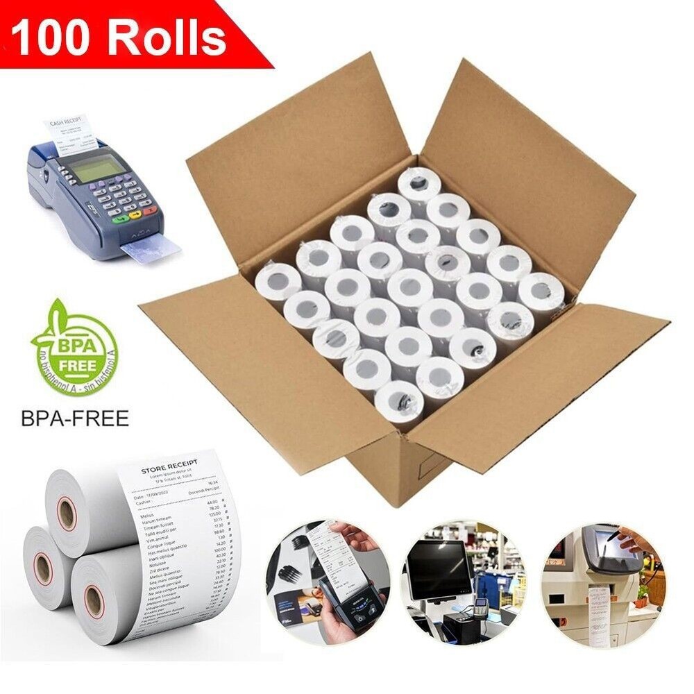 Thermal Paper Rolls 2.25&Prime;x50ft – 100 Rolls Bulk for POS for Clover for Hypercom