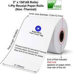 (48 Rolls) 1Ply Bond Receipt Paper Rolls 3 X 150 White Paper for Kitchen Impact
