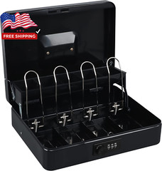 NEW Combination Lock Cash Box with Money Tray 4 Bill/5 Coin Slots Black Cash Box
