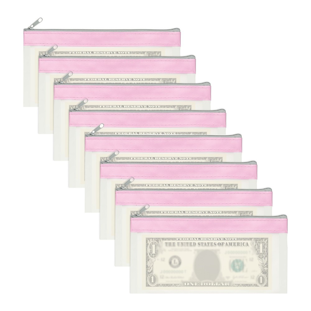 8PCS 8.5×4 Inch Money Bags with Zipper Clear Cash Pouch, Pink