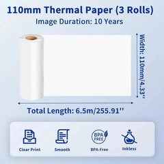 110mm Thermal Printer Paper 3 Rolls Compatible with M832 M834 M835 M04S M04AS…
