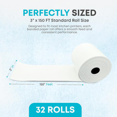 (32 Rolls) 1 Ply Kitchen Printer Paper 3&Prime; X 150 Feet 1-Ply Bond Receipt Paper Ro