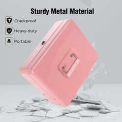 Cash Box Money Tray Key Lock Metal Register Safe 11.8×9.45×3.54 Inch Pink XL