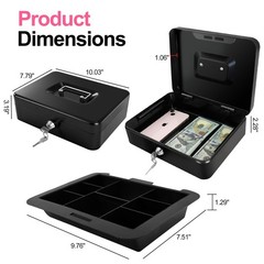 10 Inch Cash Box With Money Tray Metal Safe Lock Box Storage 10.03×7.79 Inch
