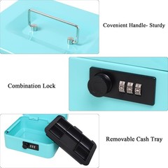 Light Blue Medium Durable Metal Cash Box with Combination Lock Secure Money Box