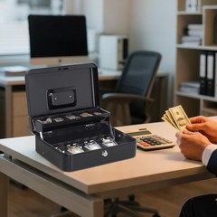 Cash Box with Anti-theft Key Lock & 5 Compartments – 11.8L Black Design