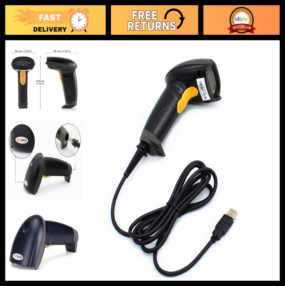 USB Laser Barcode Scanner – Wired Handheld Bar Code Reader – Fast & Accurate, Bl