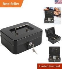 Portable Medium Cash Box with Key Lock and Five Compartment Tray – Black Steel