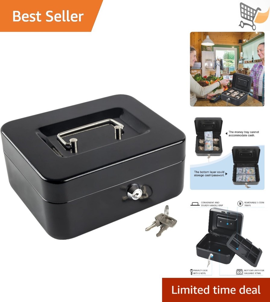 Medium Cash Box with Lock Key Safe Storage Money Tray 7.87×6.30×3.54 Black