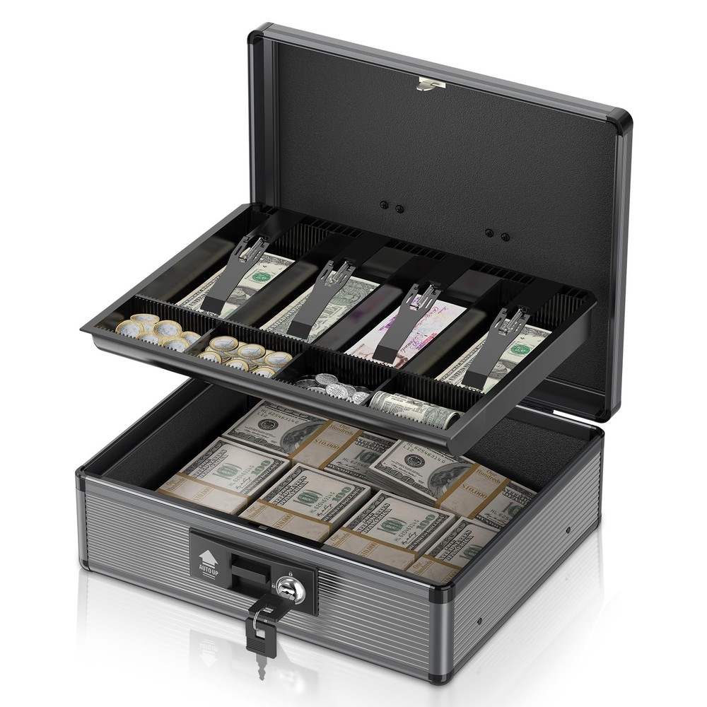 Lockbako Locking Cash Box with Money Tray Key Extra Large Portable Safe Black